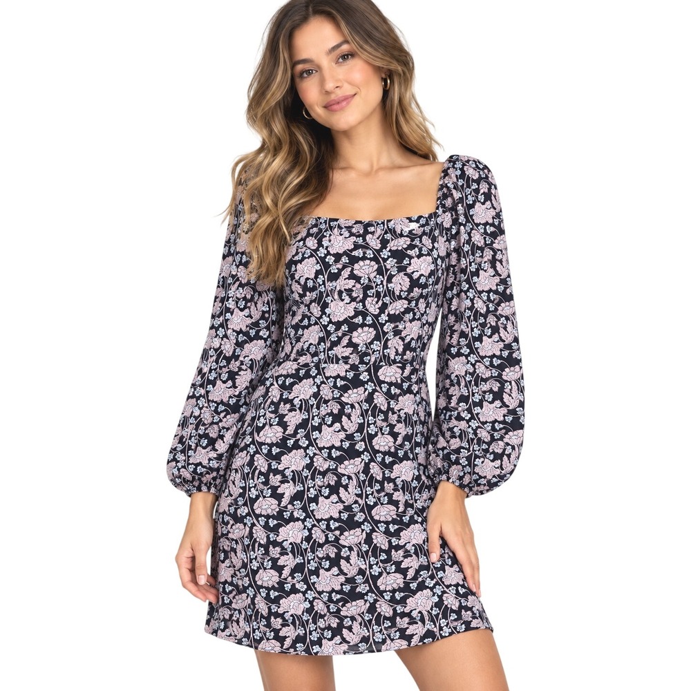 Mango MNG Women Black Floral Square Neck Puff Sleeve Mini Dress Size 4